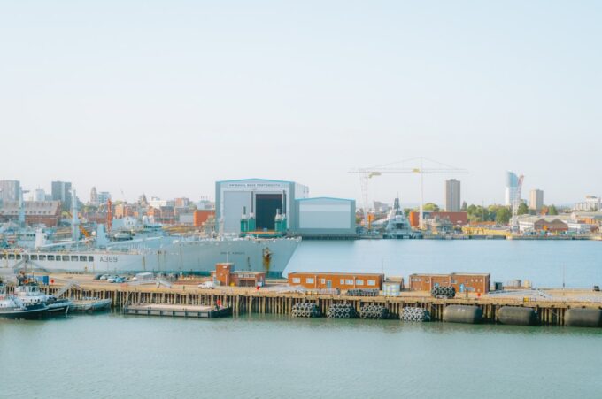 Shipping containers at a busy British port